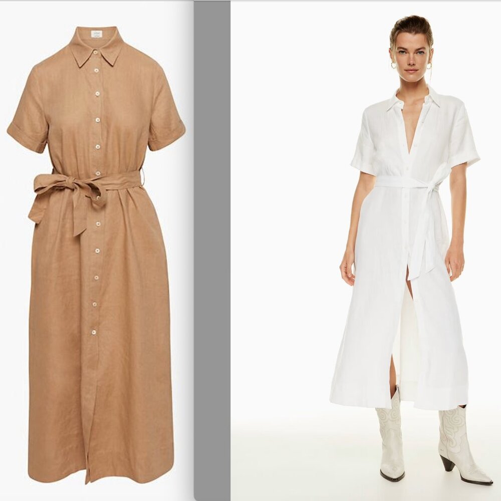 Aritzia Wilfred 100% LINEN Eleta Dress | Color TANNIN | Size L | Shirt Dress